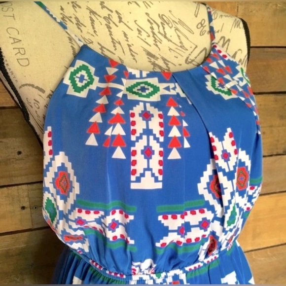 Baby Blue Mini Sundress Aztec Print Spaghetti Strap, Small EUC by Decapolis - Picture 4 of 11